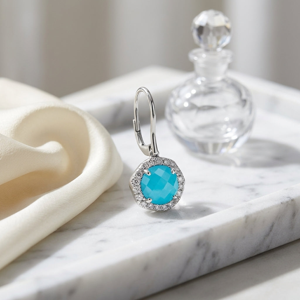 Blue Topaz And Diamond Checker Board Round Dangle Lever Back Earrings In 14k White Gold (3/8ctw) — atelier still life