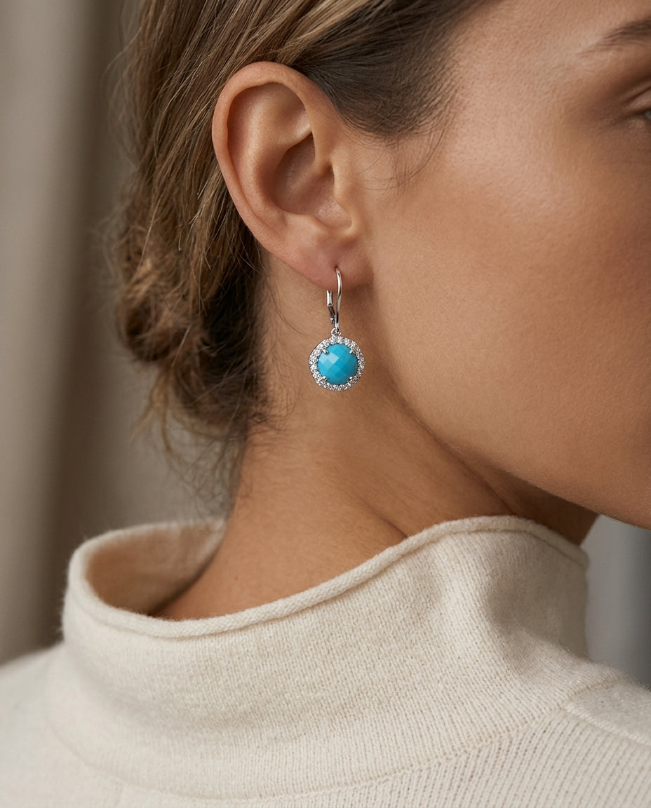 Blue Topaz And Diamond Checker Board Round Dangle Lever Back Earrings In 14k White Gold (3/8ctw) — editorial close-up