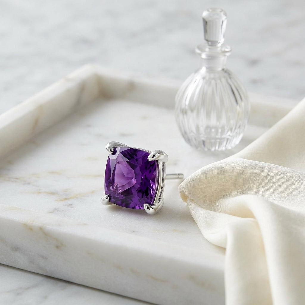 Amethyst Cushion 4 Prong Stud Earrings In 14 Karat White Gold — atelier still life
