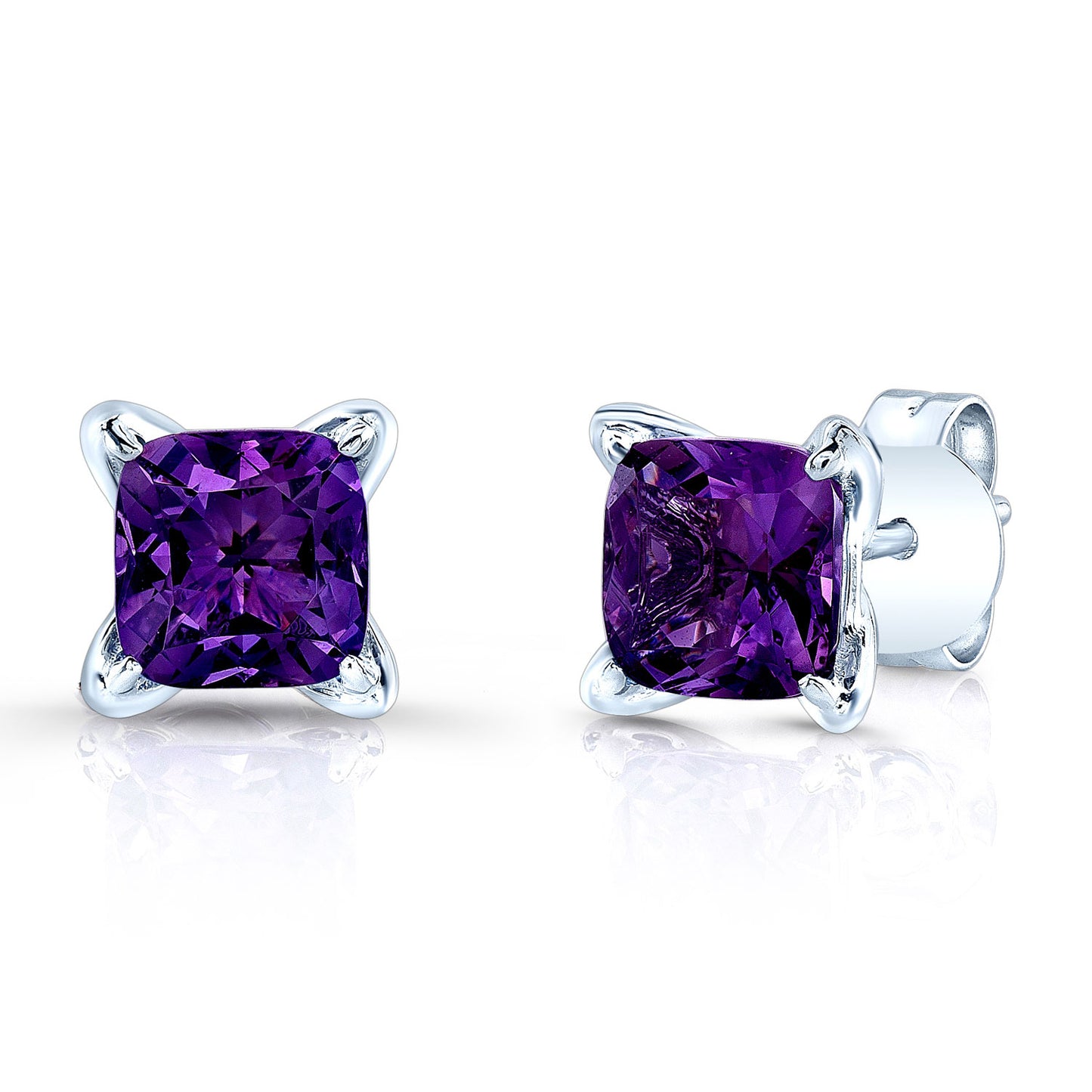 Amethyst Cushion 4 Prong Stud Earrings In 14 Karat White Gold