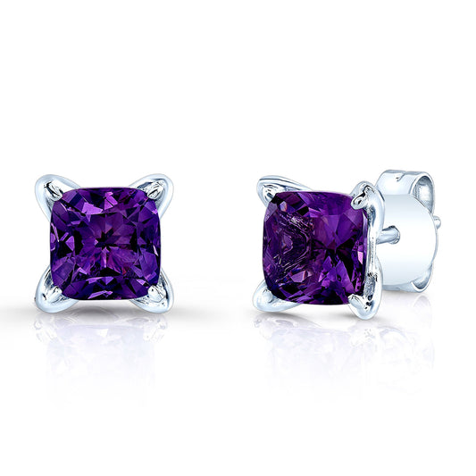 Amethyst Cushion 4 Prong Stud Earrings In 14 Karat White Gold
