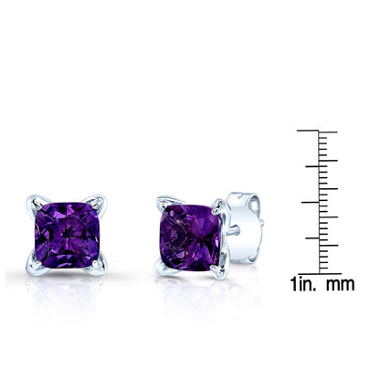 Amethyst Cushion 4 Prong Stud Earrings In 14 Karat White Gold