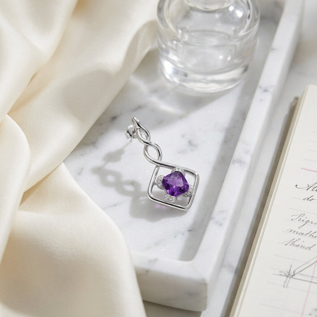 Amethyst And Diamond Twist Drop Earrings In 14k White Gold — atelier still life