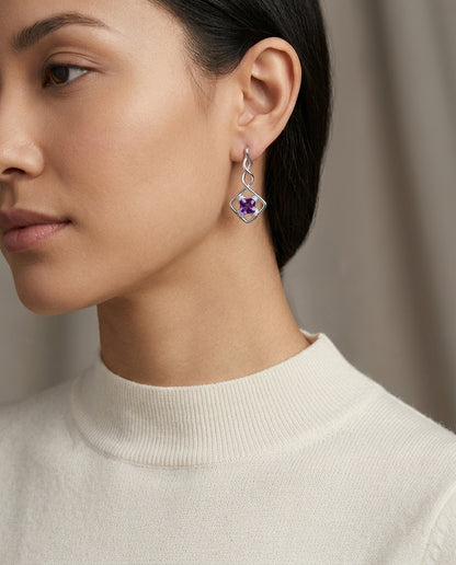 Amethyst And Diamond Twist Drop Earrings In 14k White Gold — editorial close-up