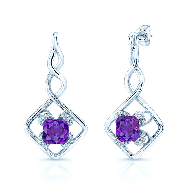 Amethyst And Diamond Twist Drop Earrings In 14k White Gold