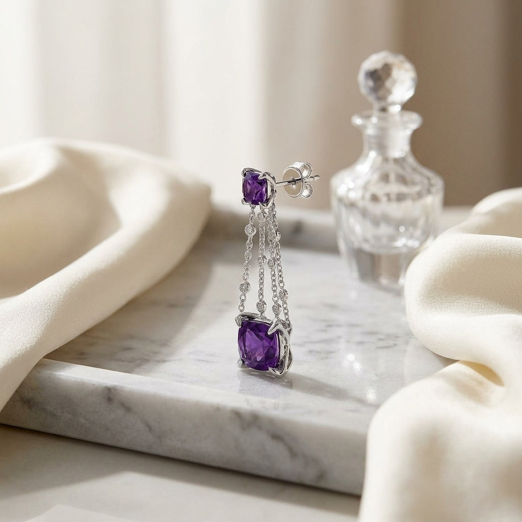 Amethyst And Diamond Dangle Square Earrings In 14k White Gold — atelier still life