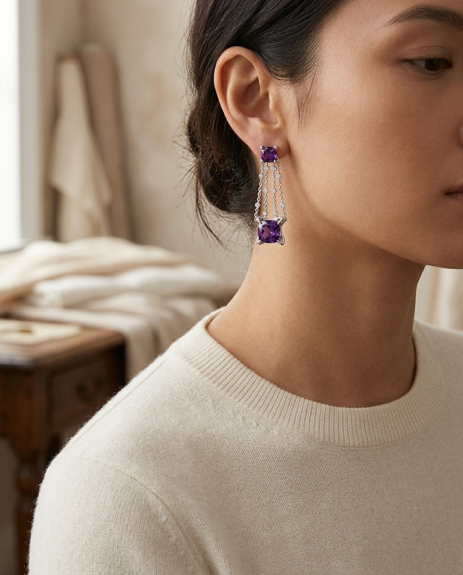Amethyst And Diamond Dangle Square Earrings In 14k White Gold — editorial close-up