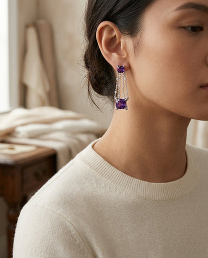 Amethyst And Diamond Dangle Square Earrings In 14k White Gold — editorial close-up