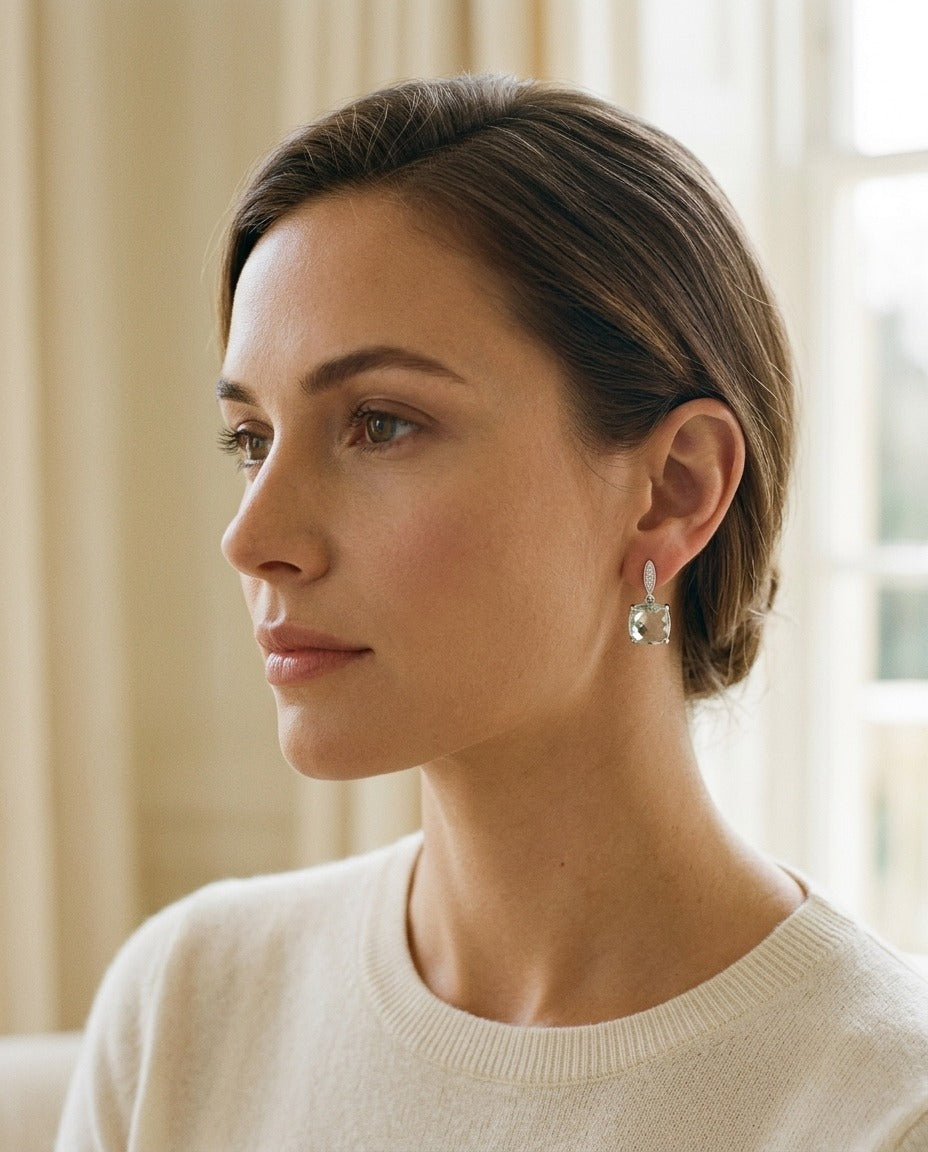 Amethyst and Diamond Earrings in 14k White Gold — portrait close