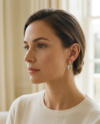 Amethyst and Diamond Earrings in 14k White Gold — portrait close