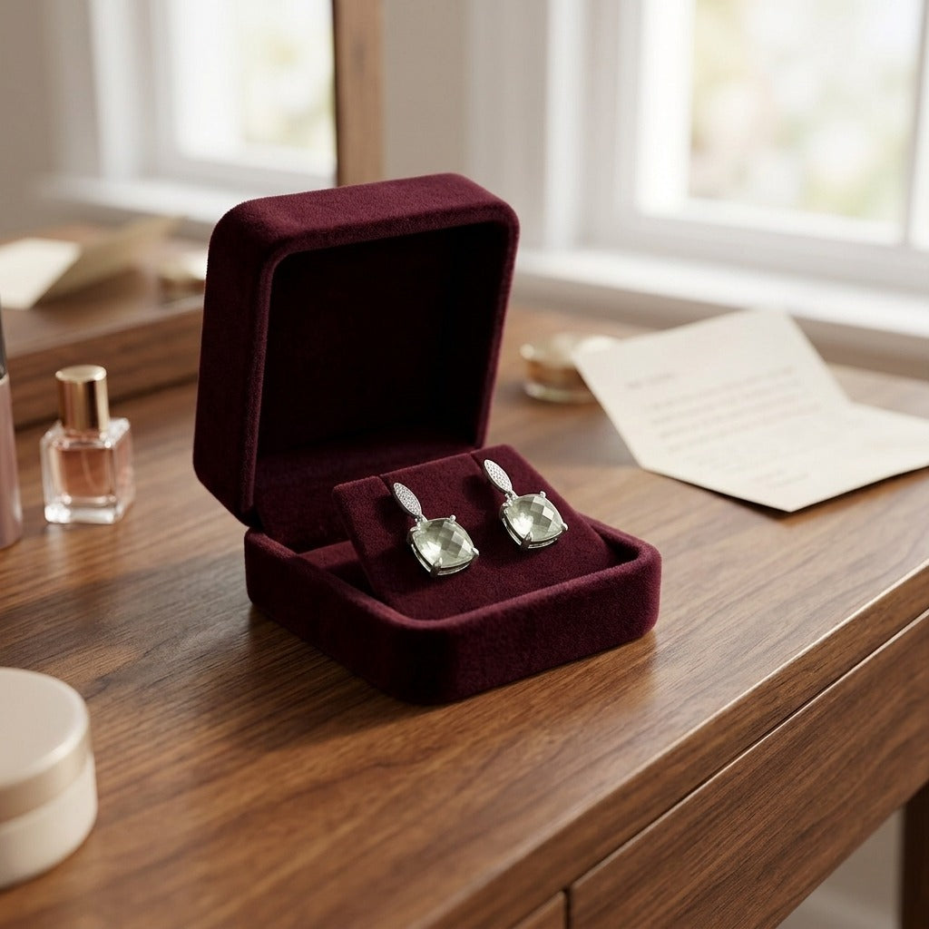 Amethyst and Diamond Earrings in 14k White Gold — velvet box