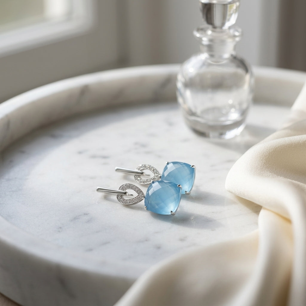 Blue Topaz And Diamond Cushion Drop Earrings In 14k White Gold — atelier still life
