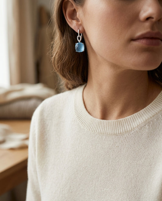 Blue Topaz And Diamond Cushion Drop Earrings In 14k White Gold — editorial close-up