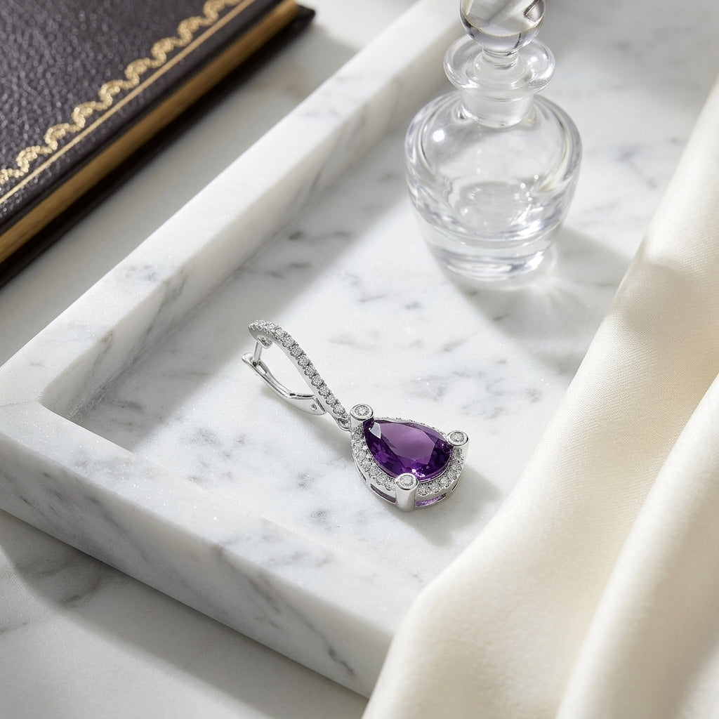 14kw Gold Pear Shape Amethyst & Diamond Earrings — atelier still life