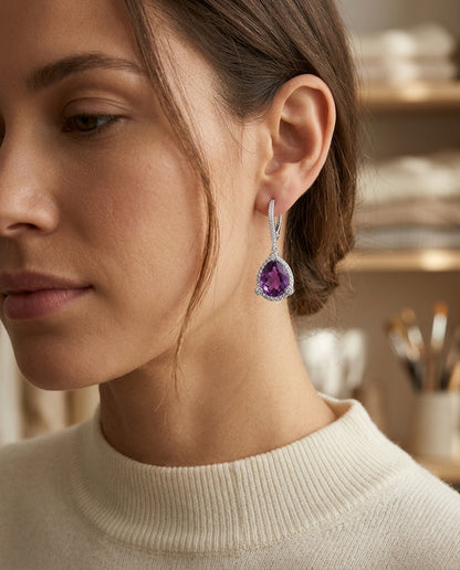 14kw Gold Pear Shape Amethyst & Diamond Earrings — editorial close-up