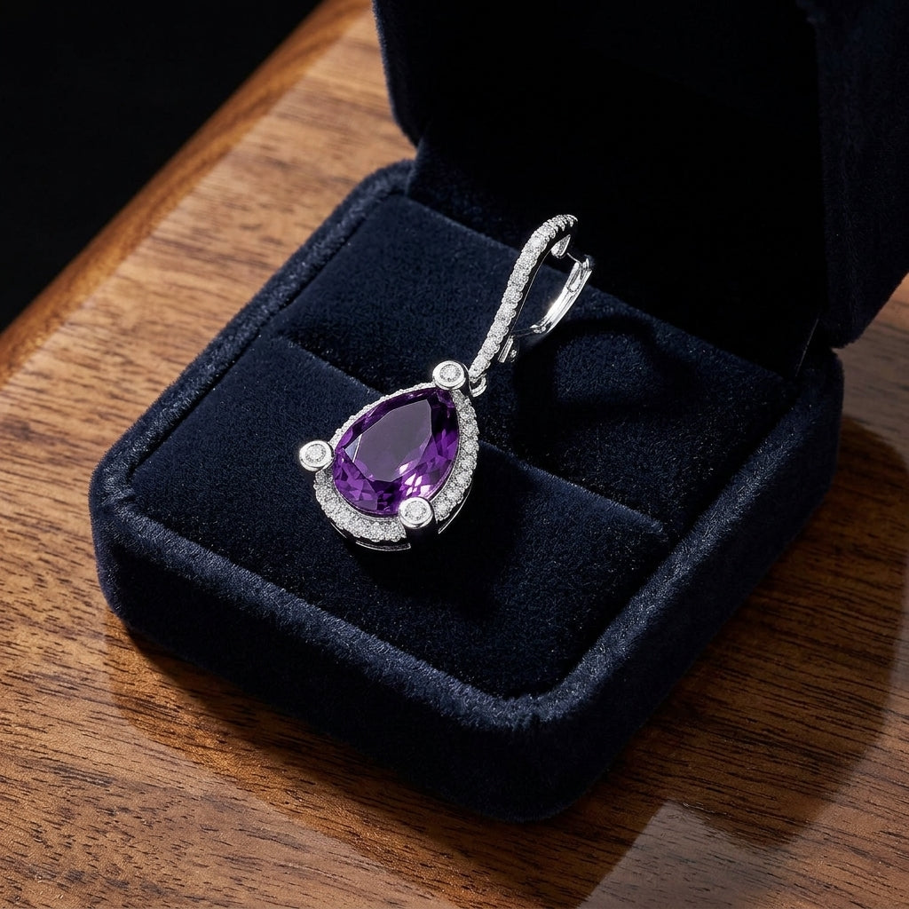 14kw Gold Pear Shape Amethyst & Diamond Earrings — gift presentation