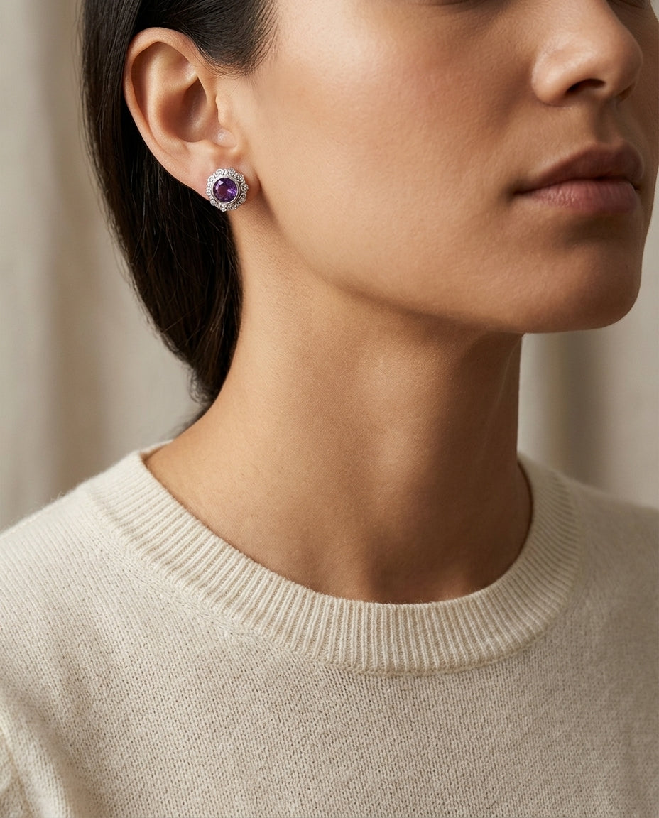 Amethyst & Diamond Earring In 14k White Gold — editorial close-up