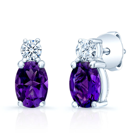 Amethyst Oval And Diamond Earrings In 14k White Gold (7x5mm)