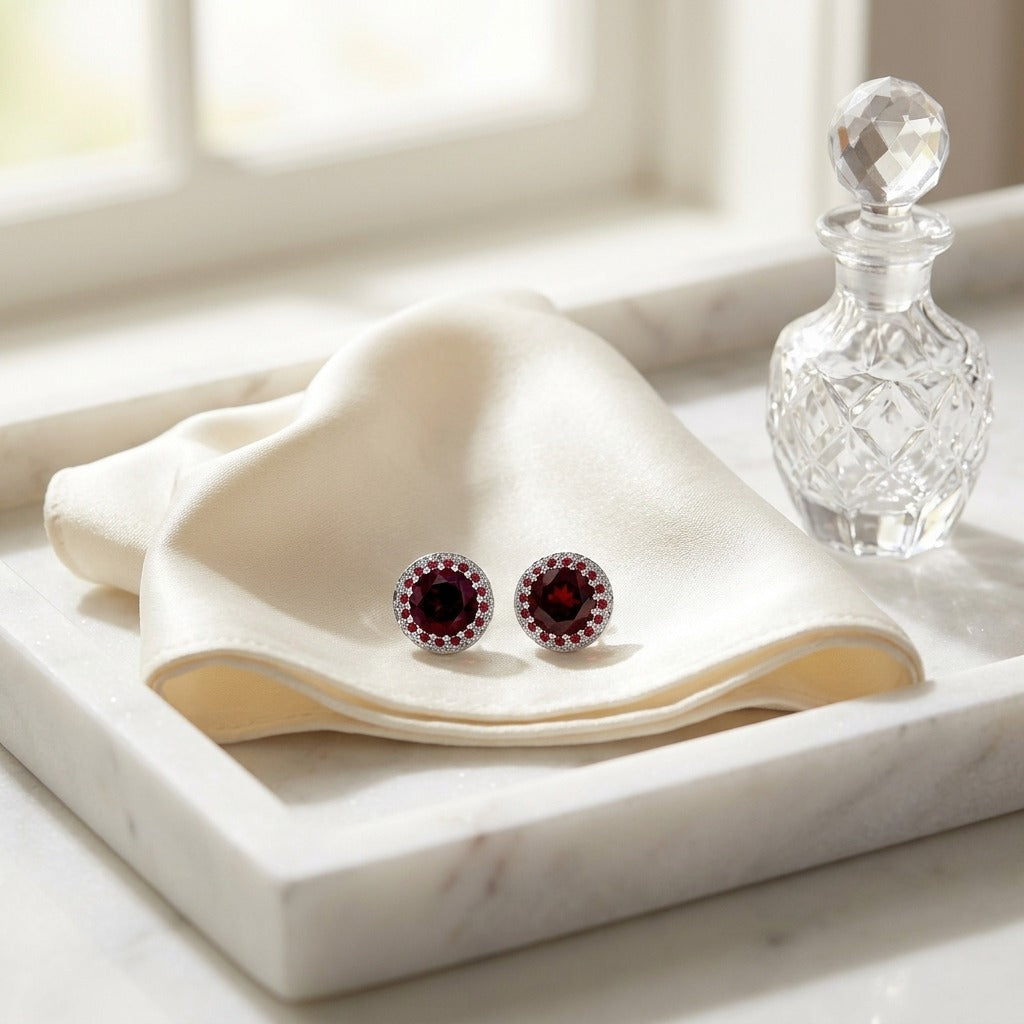 Garnet, Orange Sapphire And Diamond Halo Earrings In 14k White Gold — marble silk