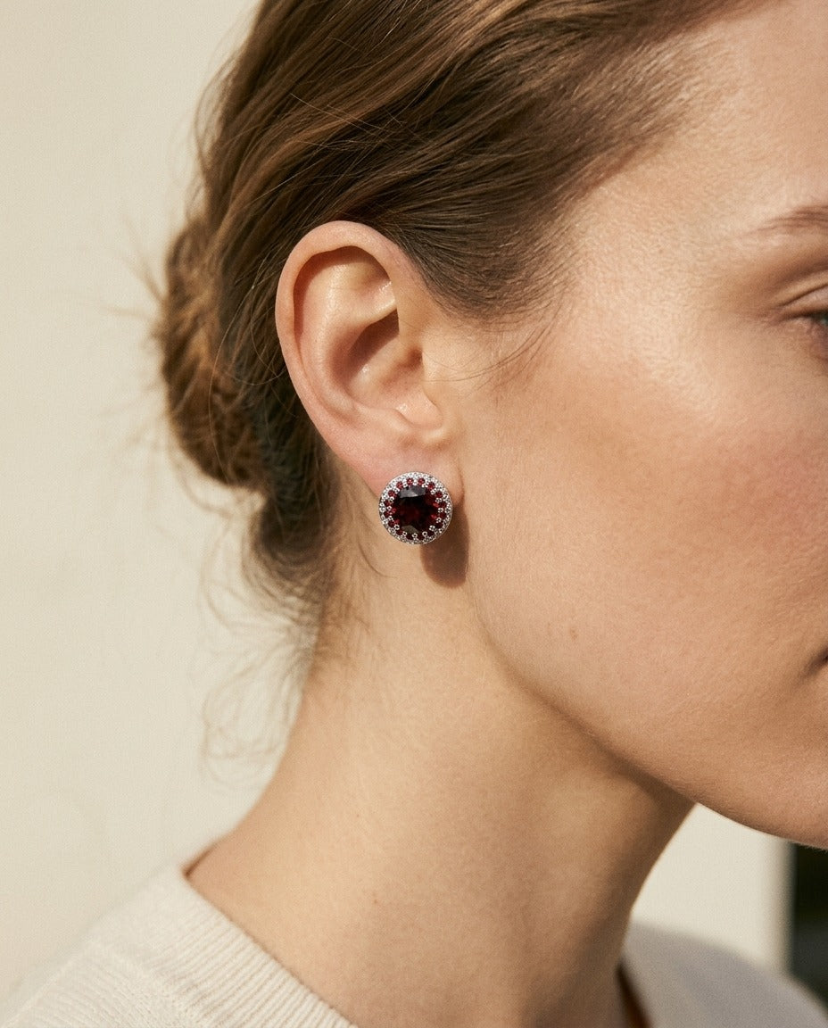 Garnet, Orange Sapphire And Diamond Halo Earrings In 14k White Gold — portrait close