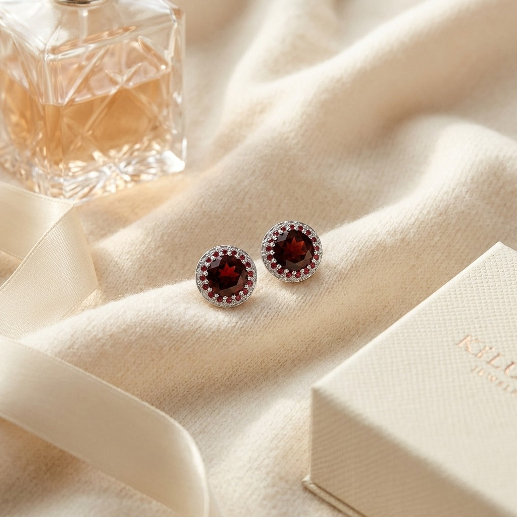 Garnet, Orange Sapphire And Diamond Halo Earrings In 14k White Gold — textile flat lay