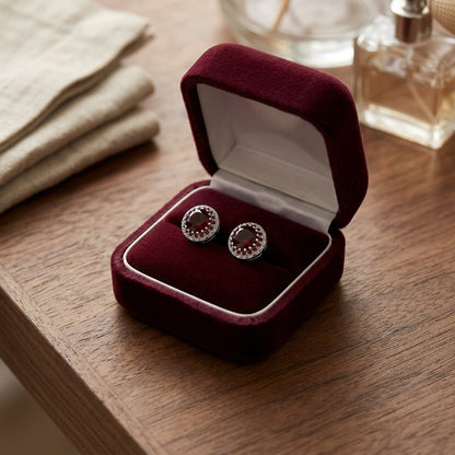 Garnet, Orange Sapphire And Diamond Halo Earrings In 14k White Gold — velvet box