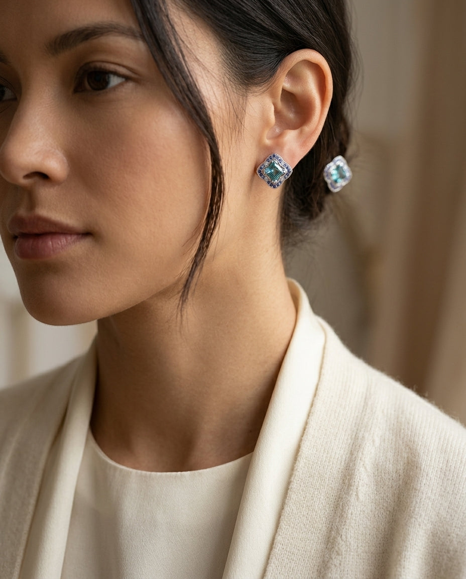 Swiss Blue Topaz, Sapphire And Diamond Earrings In 14k White Gold — editorial close-up