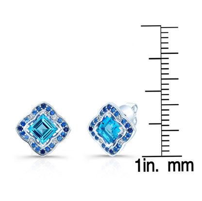 Swiss Blue Topaz, Sapphire And Diamond Earrings In 14k White Gold