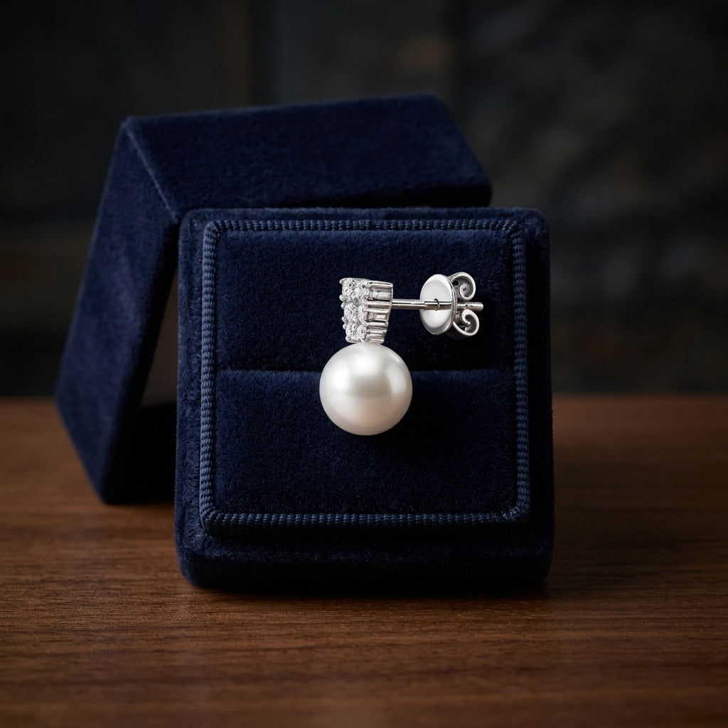 White Cultured Akoya Pearl Earrings With Diamond Prong-set Tapered Tops In 14k White Gold — gift presentation