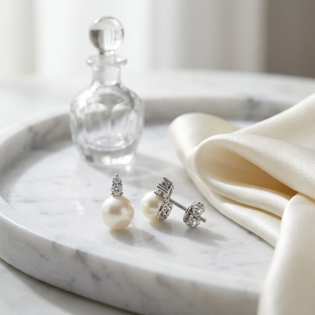 Pearl And Diamond Drop Earrings In 14k White Gold (1/8ctw) — atelier still life
