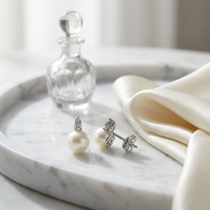 Pearl And Diamond Drop Earrings In 14k White Gold (1/8ctw) — atelier still life