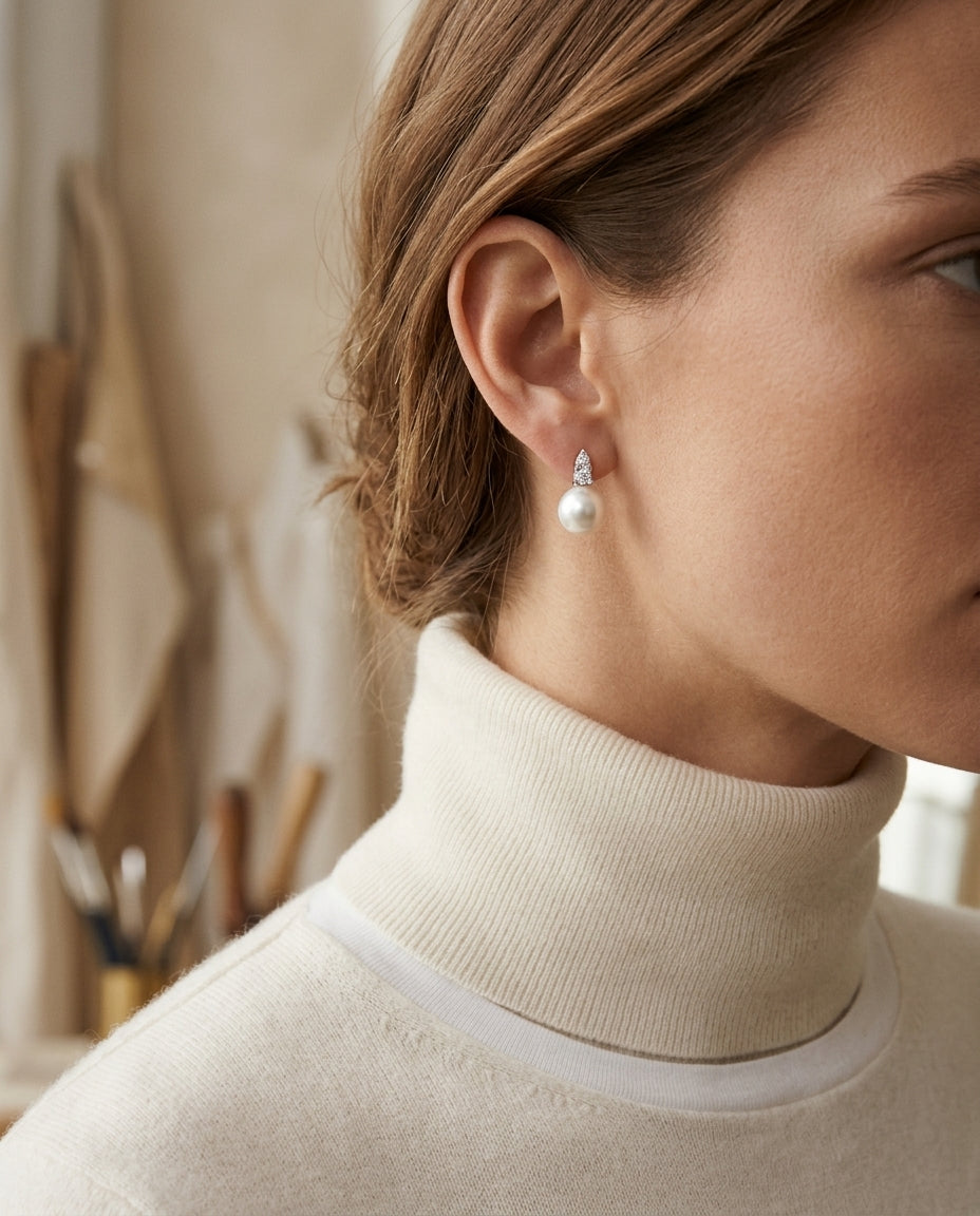 Pearl And Diamond Drop Earrings In 14k White Gold (1/8ctw) — editorial close-up