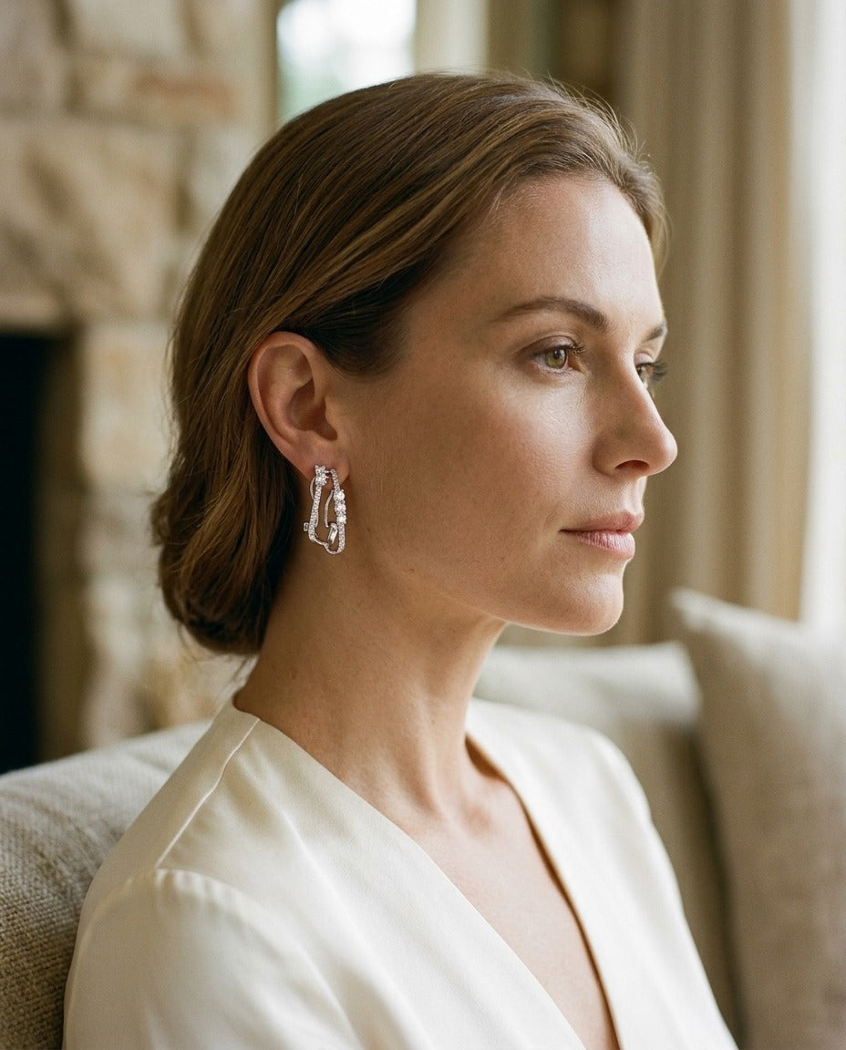 Diamond Double Row Omega Earrings In 14k White Gold — portrait close