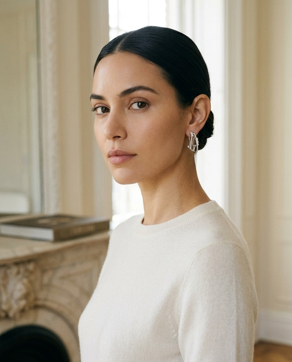 Diamond Double Row Omega Earrings In 14k White Gold — portrait full