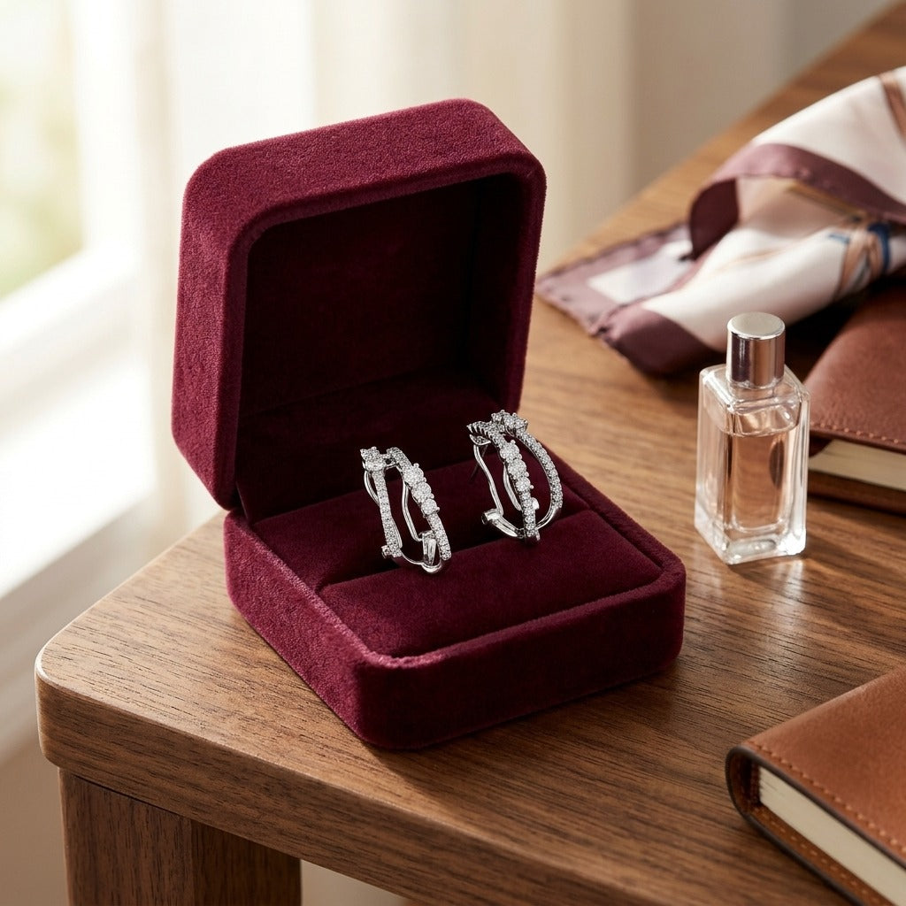 Diamond Double Row Omega Earrings In 14k White Gold — velvet box