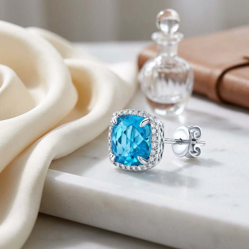 Swiss Blue Topaz & Diamond Earrings In 14k White Gold — atelier still life