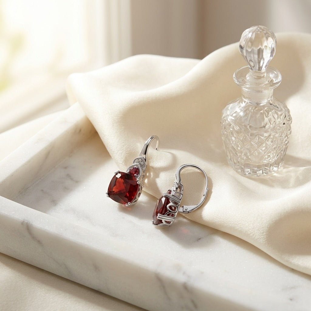 Rhodolite Garnet & Diamond Earrings In 14k White Gold — marble silk