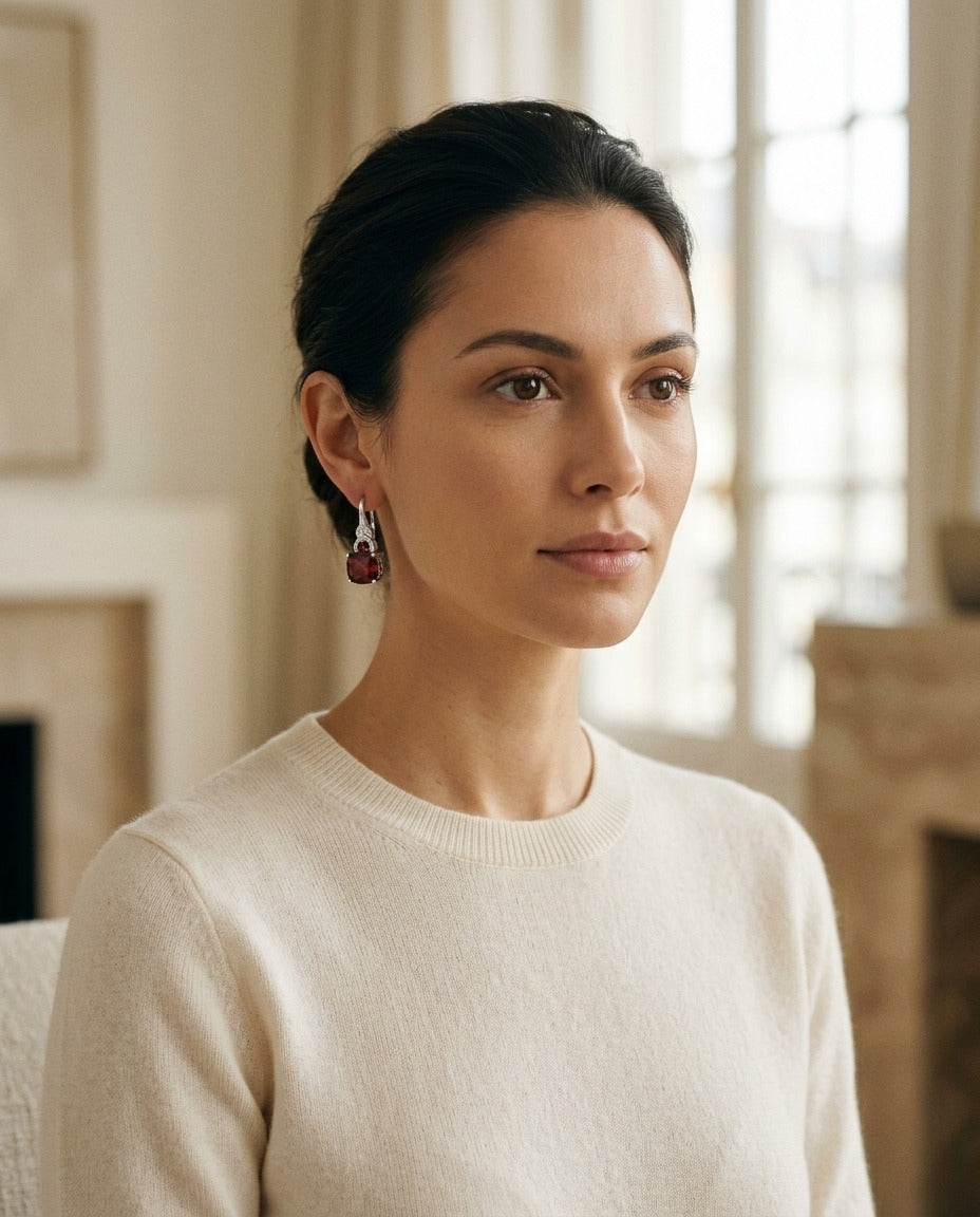 Rhodolite Garnet & Diamond Earrings In 14k White Gold — portrait full