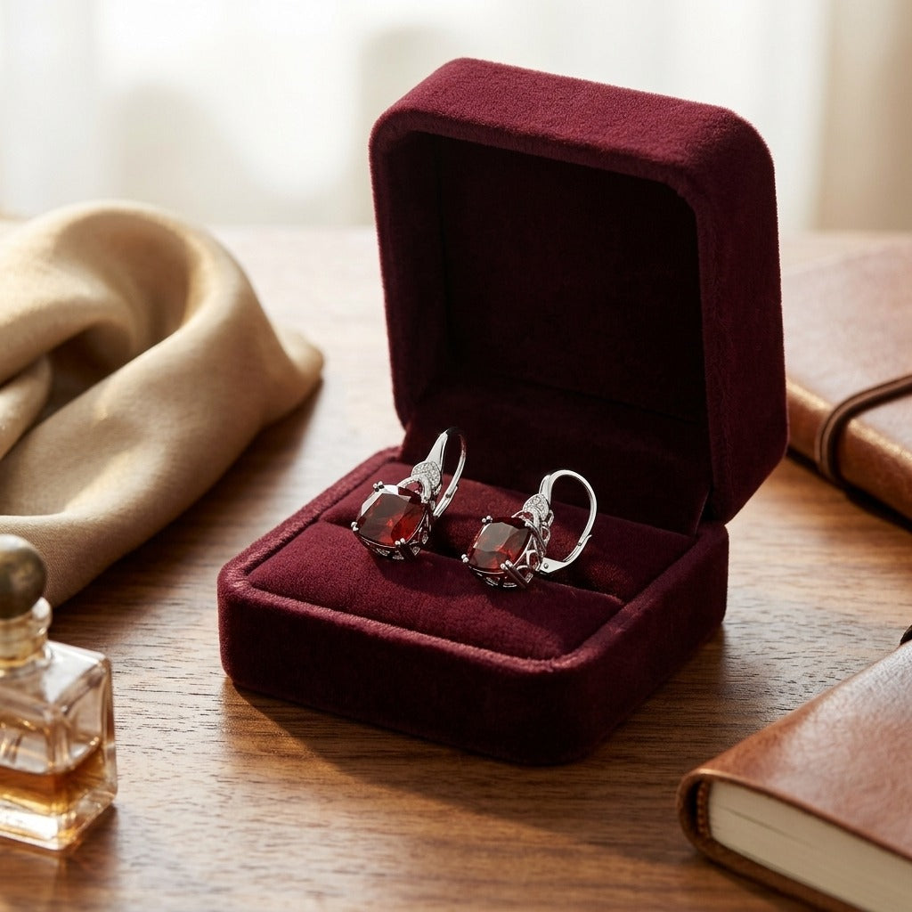 Rhodolite Garnet & Diamond Earrings In 14k White Gold — velvet box