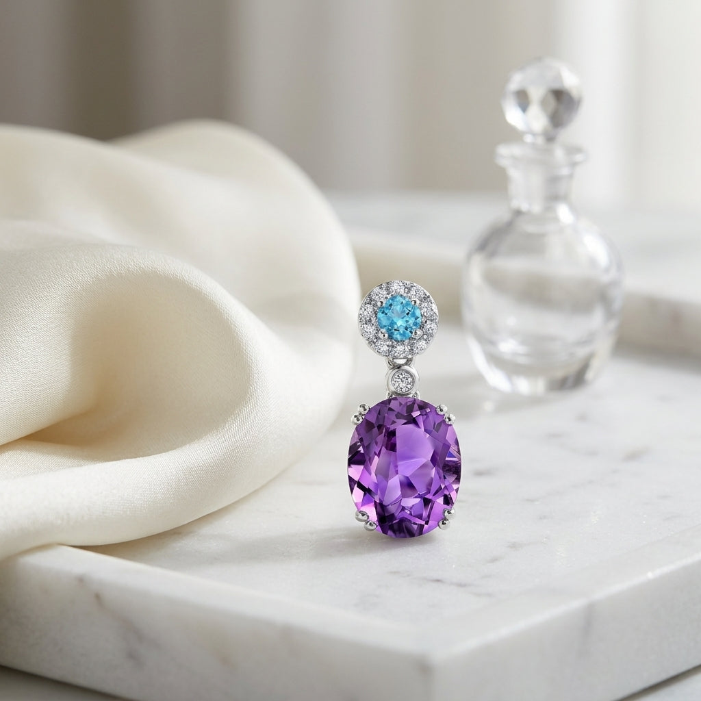 Amethyst, Swiss Blue Topaz And Diamond Earrings In 14k White Gold (9x7mm) — atelier still life