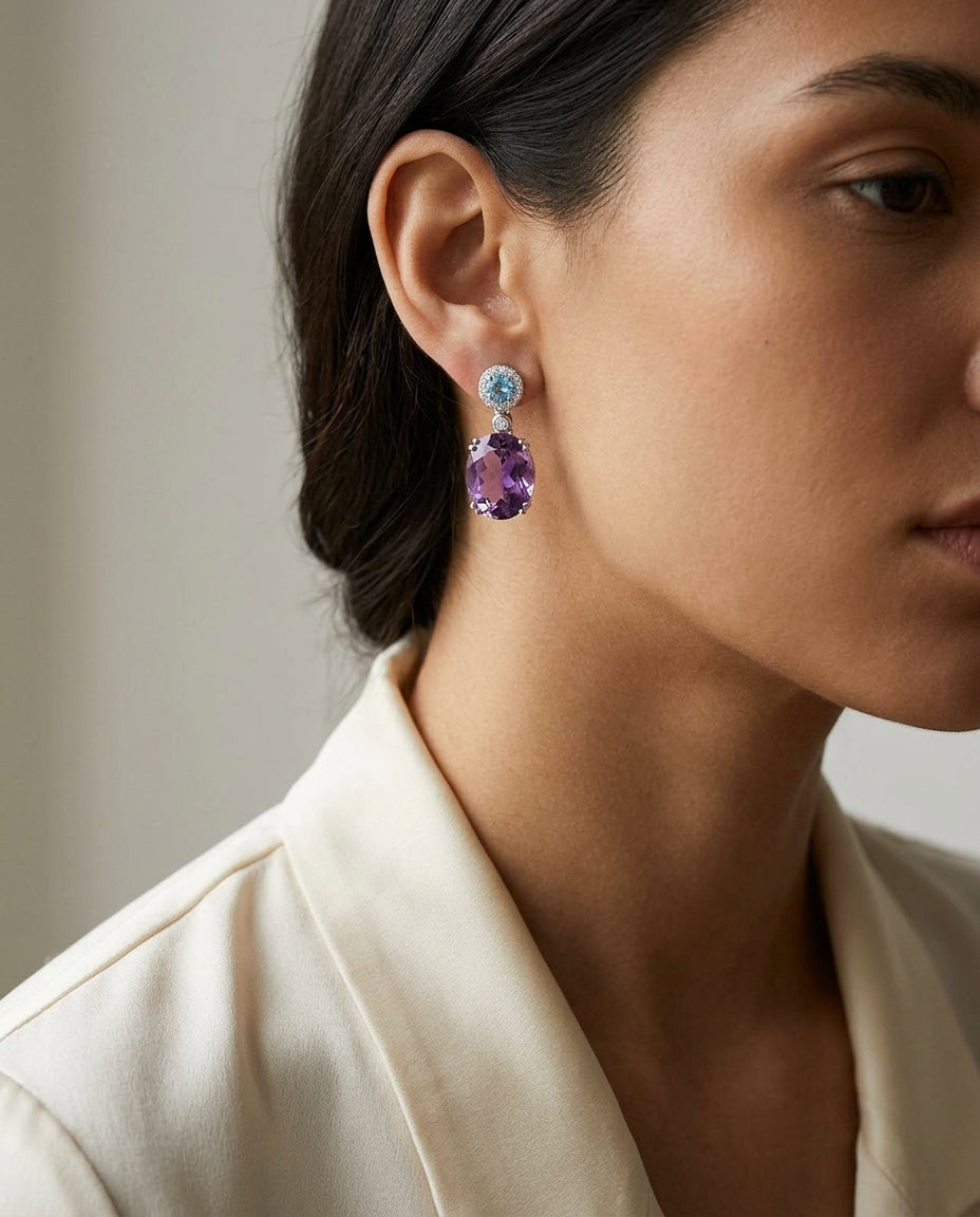 Amethyst, Swiss Blue Topaz And Diamond Earrings In 14k White Gold (9x7mm) — editorial close-up
