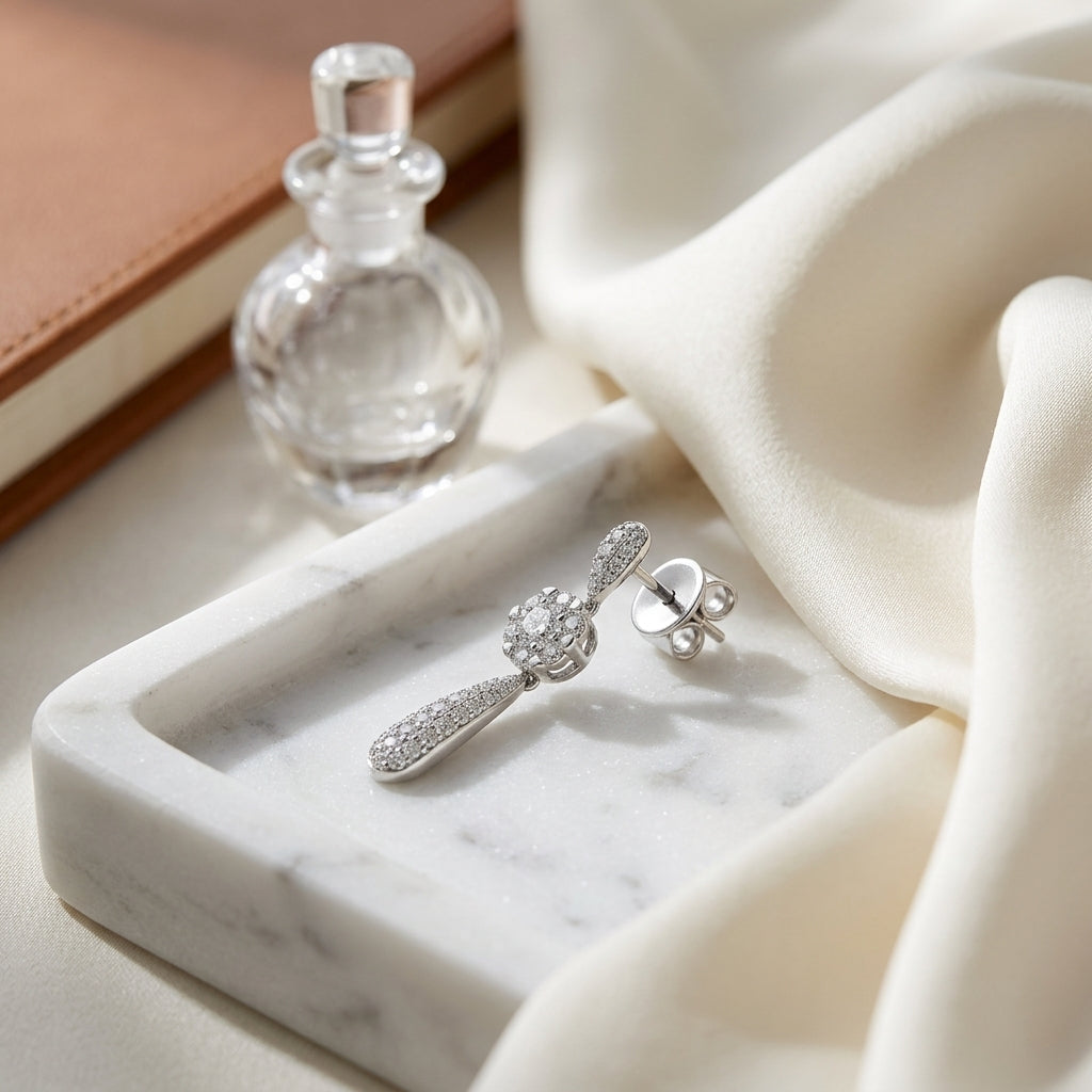 Diamond Cluster Puff Pave Drop Earrings In 14k White Gold — atelier still life