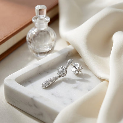 Diamond Cluster Puff Pave Drop Earrings In 14k White Gold — atelier still life