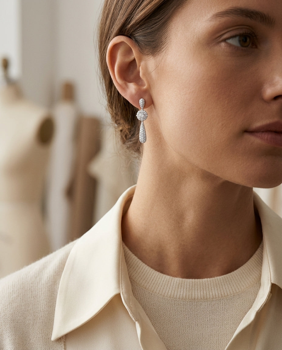 Diamond Cluster Puff Pave Drop Earrings In 14k White Gold — editorial close-up