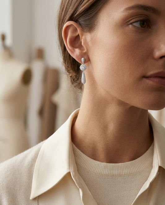 Diamond Cluster Puff Pave Drop Earrings In 14k White Gold — editorial close-up
