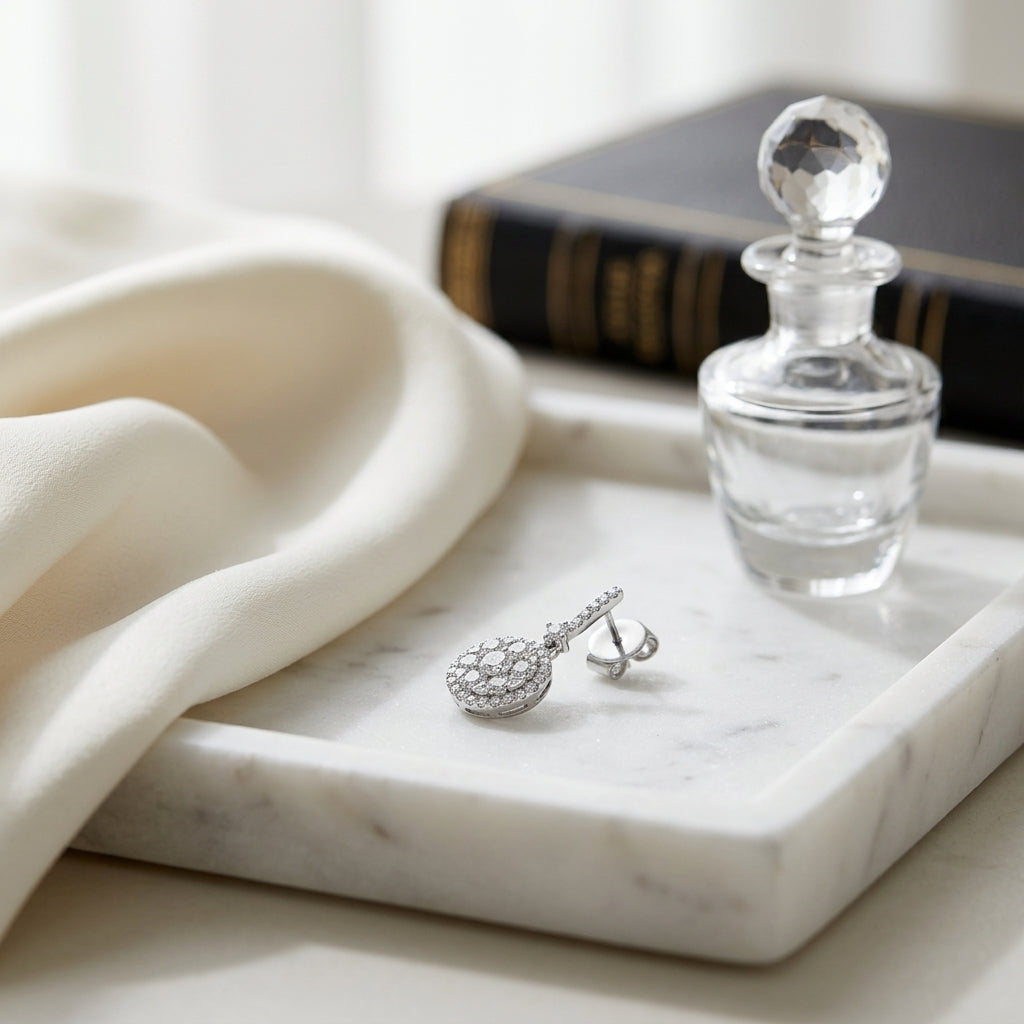 Diamond Cluster Halo Drop Earrings In 14k White Gold — atelier still life