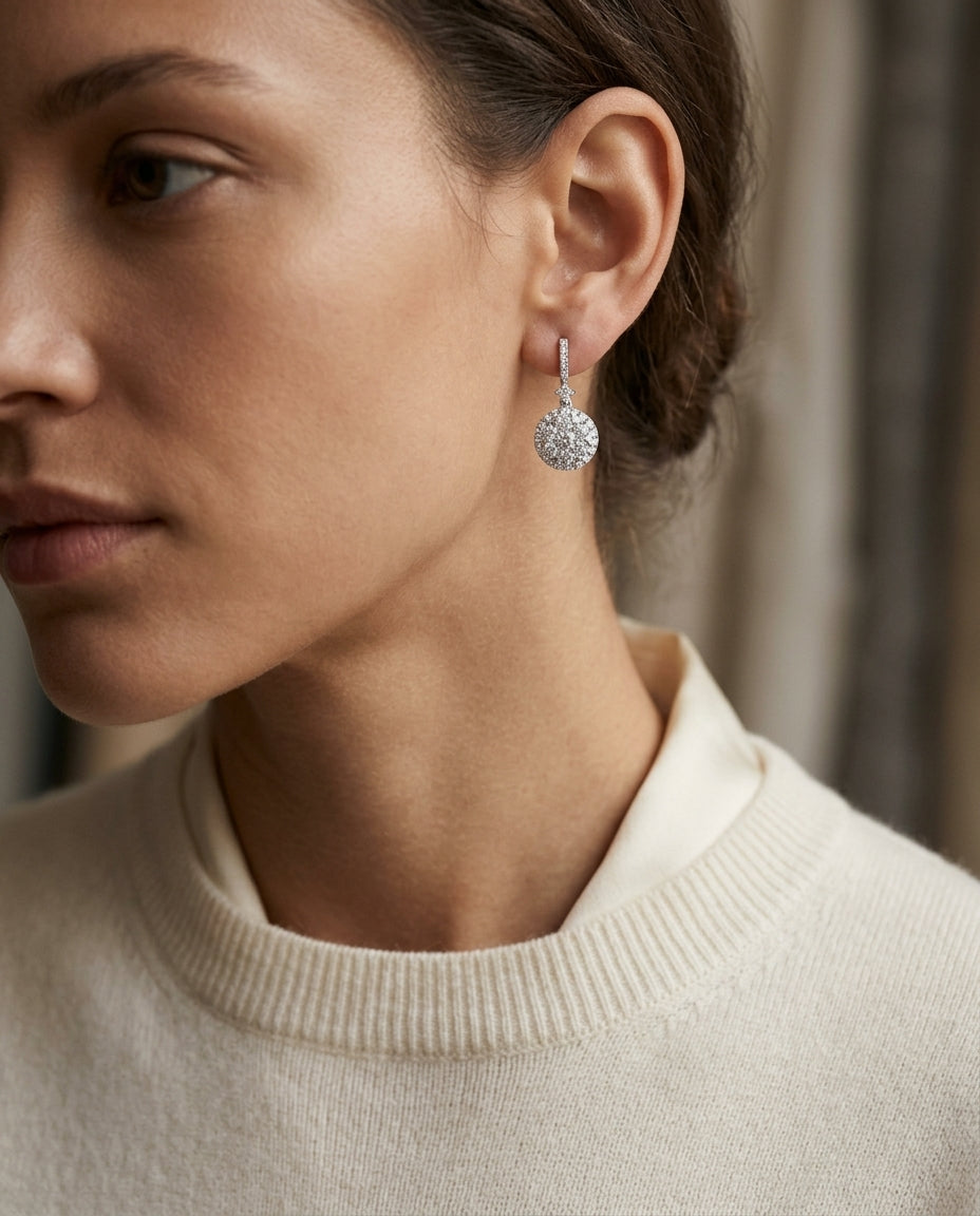 Diamond Cluster Halo Drop Earrings In 14k White Gold — editorial close-up