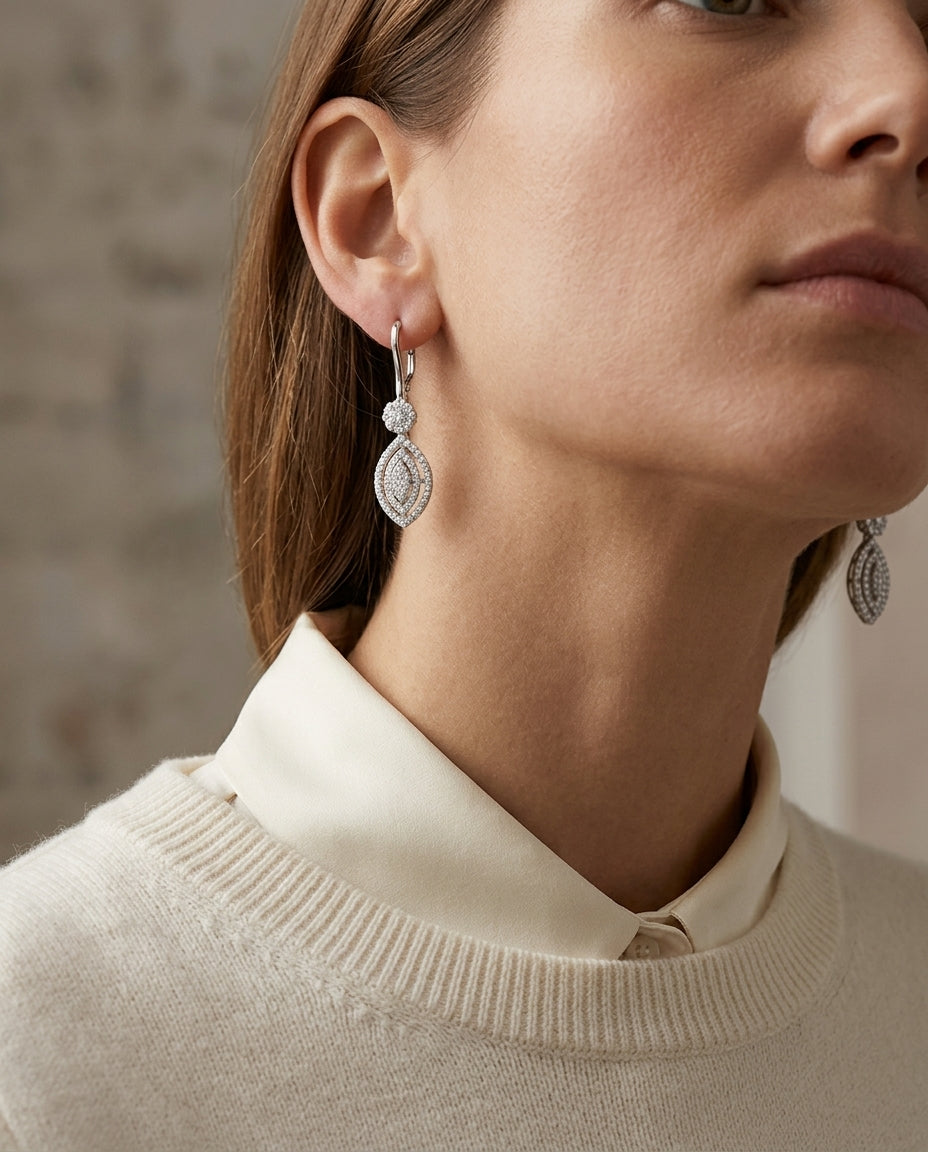 Diamond Marquise Earrings With Cluster Tops And Leverbacks In 14k White Gold — editorial close-up