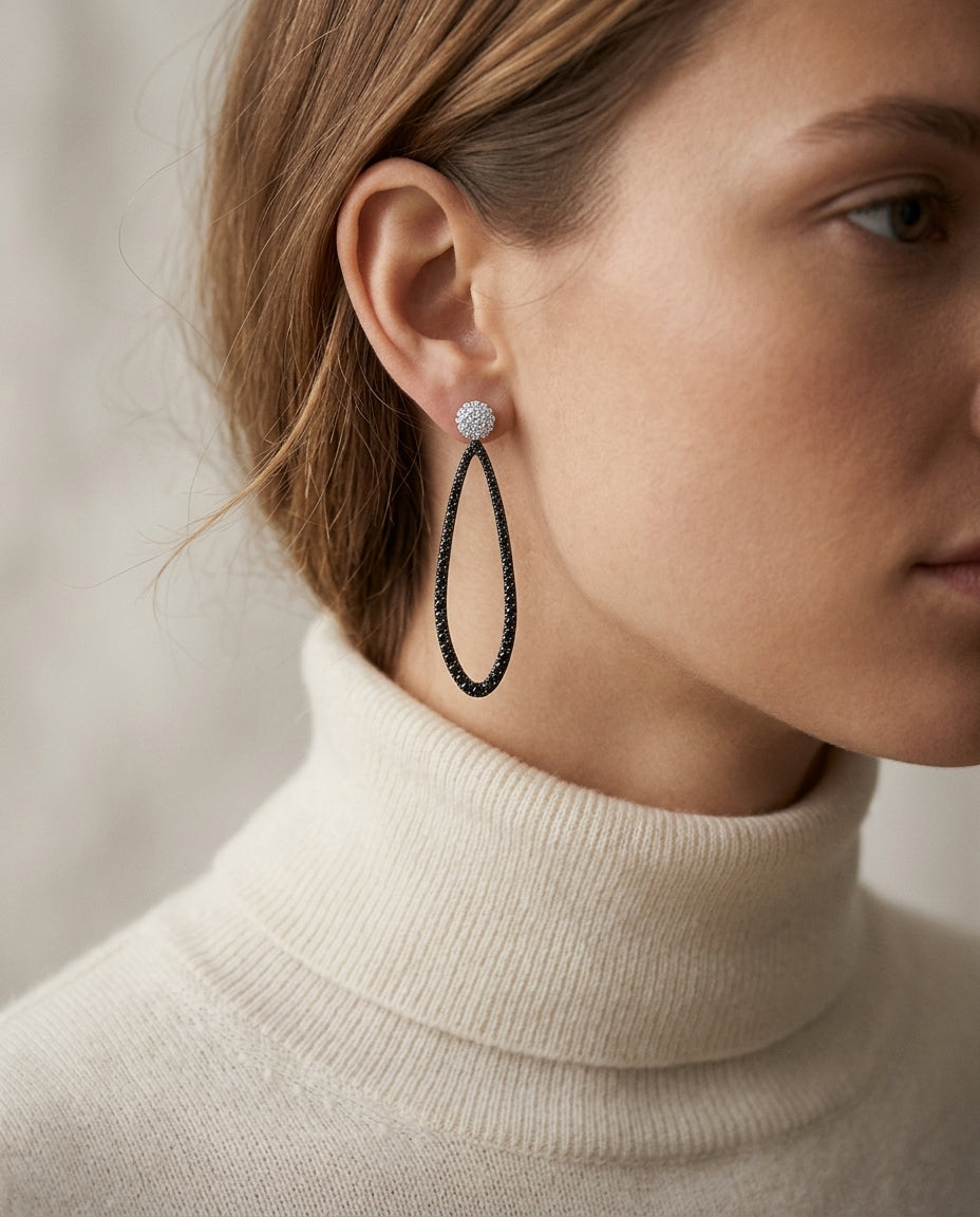 Black And White Diamond Elongated Teardrop Earrings In 14k White Gold (si) — editorial close-up