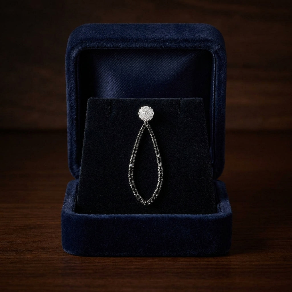 Black And White Diamond Elongated Teardrop Earrings In 14k White Gold (si) — gift presentation